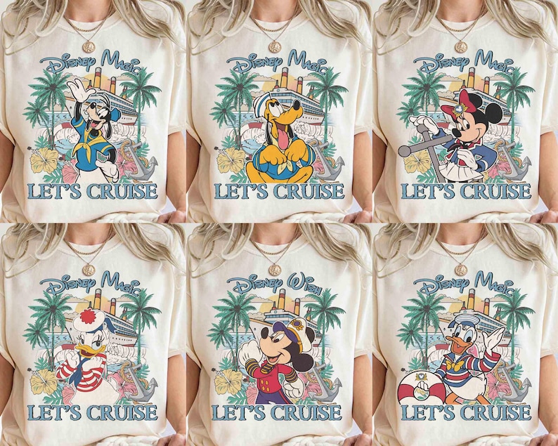 May include: Cream-colored t-shirts featuring Disney characters like Goofy, Pluto, Mickey, Minnie, Donald, and Daisy Duck. Each shirt has a cruise ship graphic, palm trees, and the text "LET'S CRUISE".