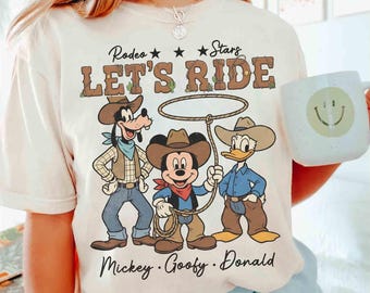 Camiseta retro de Disney Mickey y sus amigos, Goofy Donald, Let's Ride Cowboy, camiseta Disney Western Country, atuendos para vacaciones familiares en Disneyland