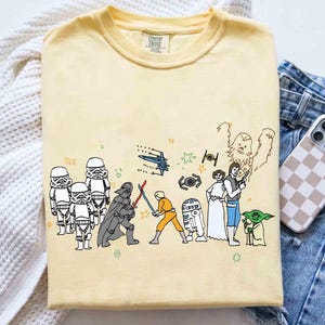 Retro Star Wars Group Constellation Colorful Doodle Shirt, Darth Vader Stormtrooper Chewie Leia Tee, Galaxy&#39;s Edge Family Disney Trip 2025