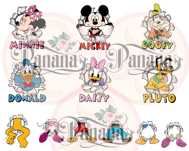 May include: A collection of cartoon character graphics, including Mickey Mouse, Minnie Mouse, Donald Duck, Daisy Duck, Goofy, and Pluto. Each character is depicted emerging from a torn paper effect, with their names displayed below in colorful text.