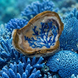 May include: An oyster shell with a gold rim and a blue coral design sits among blue coral formations. The shell's interior features a detailed blue coral pattern. The background is filled with various shapes and sizes of blue coral.