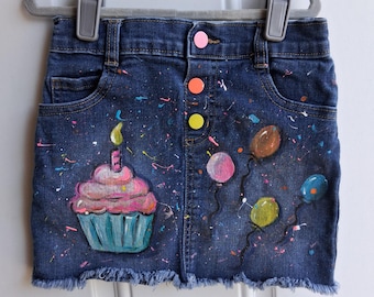 Hand-Painted Birthday Cupcake Denim Skirt | Toddler Girl Size 5T