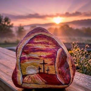 May include: A smooth, rounded stone painted with a scene featuring three black crosses silhouetted against a vibrant yellow, orange, and red sunset sky. The painted design is framed by a dark outline, depicting a sun and a landscape with crosses.