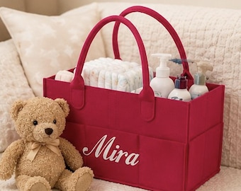 Personalized Diaper Caddy Organizer, Custom Baby Basket, Felt Nursery Storage Tote, Baby Shower Gift for Girls
