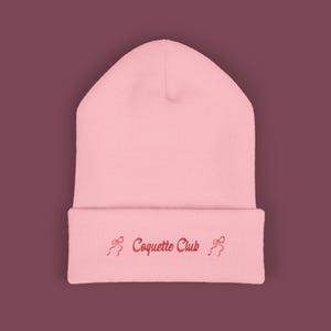 Cute Coquette Beanie | Pink Embroidered Hat with Bows | Aesthetic Winter Beanie for Her Classic Cuffed Beanie (Embroidery)