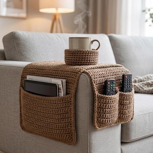 May include: A brown crocheted sofa armrest organizer with pockets for remotes, a tablet, and magazines. A matching coaster holds a mug of coffee. The armrest is placed on a light gray sofa.