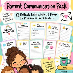 May include: A Preschool Teacher Parent Communication Pack featuring 13 editable letters, notes, and forms. The graphic includes a teacher with three children, a stack of books, and various colorful templates for classroom communication and parent updates.