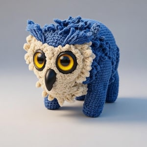 May include: A handmade blue and cream-colored crochet owl toy. The owl has large, yellow-centered eyes, a black beak, and a textured, fluffy appearance. The owl is standing on four small legs.