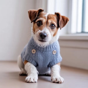 May include: A Jack Russell Terrier dog wearing a light blue knitted sweater with two wooden buttons. The dog has brown and white fur and is sitting on a light-colored surface.