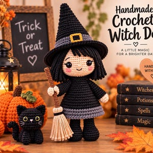 Peut inclure: Une poupée sorcière en crochet faite à la main avec des cheveux noirs, un chapeau pointu noir à boucle jaune et une robe noire. La poupée tient un petit balai. À côté se trouvent un chat en crochet noir et une grosse citrouille orange.