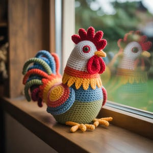 Könnte beinhalten: Eine farbenfrohe, handgefertigte Häkel-Hahn-Figur. Der Hahn hat einen weißen Kopf, einen roten Kamm und Kehllappen sowie einen gelben Schnabel. Sein Körper ist eine Mischung aus Blau, Grün, Orange und Gelb. Der Hahn sitzt auf einer Holzoberfläche in der Nähe eines Fensters.