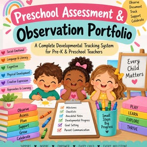 May include: A Preschool Assessment & Observation Portfolio book cover featuring three children, stacks of colorful books labeled with developmental steps, a clipboard with a checklist, and a pencil holder with the text Small Steps Big Progress.