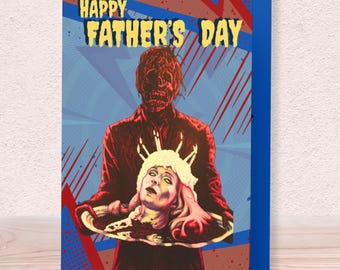 May include: A Father's Day greeting card with a zombie illustration. The card features a zombie holding a severed head on a platter, with the words "HAPPY FATHER'S DAY" in yellow text against a blue and red background.