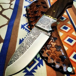 Engraved Skinner Knife: Hand-Forged D2 Carbon Steel, Buffalo Leather Sheath