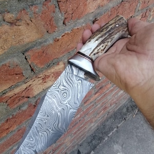 Handmade Damascus Steel Bowie Knife: Stag Horn Handle, Leather Sheath