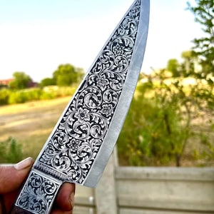 BEAUTIFUL Handmade D2 steel full tang Hand ENGRAVE Chef&#39;s knife, KITCHEN knife, Chef set knife, Damascus knife set, Gift for Dad | Birthday