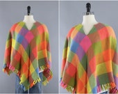 Vintage Knitted Poncho Cape Bright Pink Orange Wool Checked Checkerboard Fringed Jacket Sweater