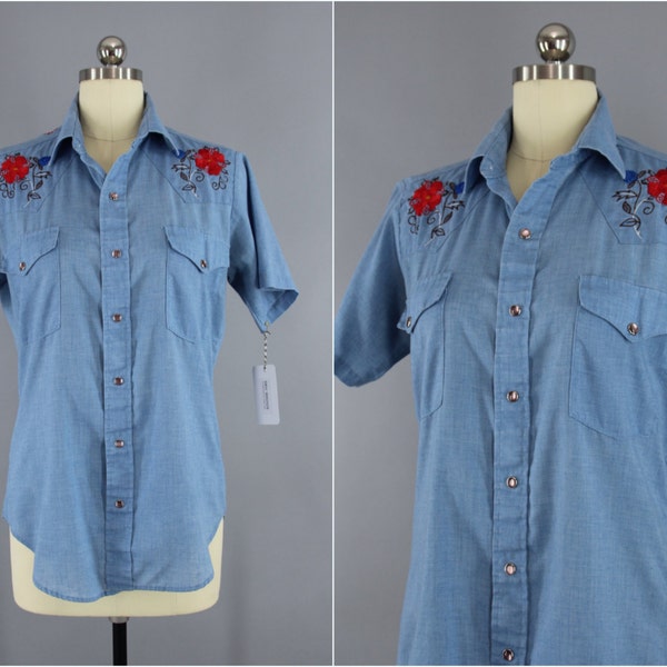 Vintage 1970s Embroidered Shirt / 70s Denim Chambray Floral Embroidery / Rockabilly / DeeCee Rangers Ranch Wear / Size Small S Medium M