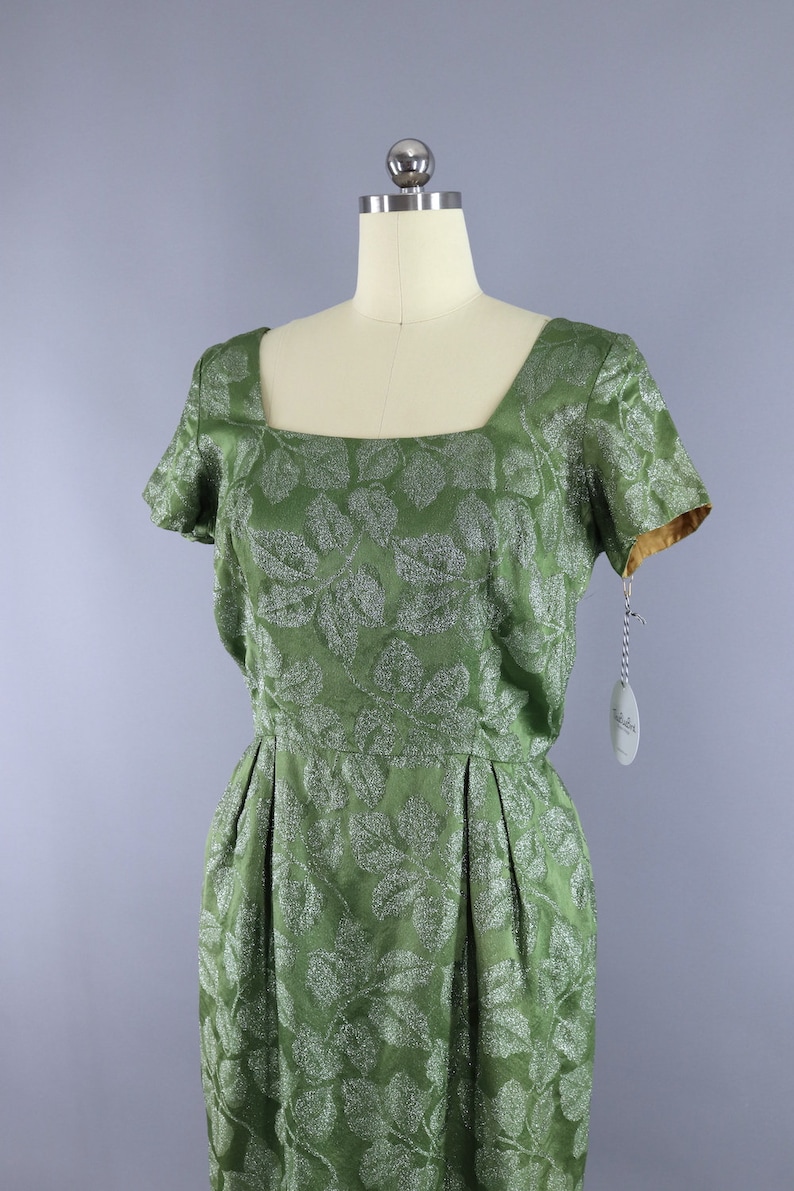 Vintage Cocktail Dress Reception Courthouse Wedding Bridesmaid Olive Army Green /& Silver Satin 1950s 50s 1960s 60s