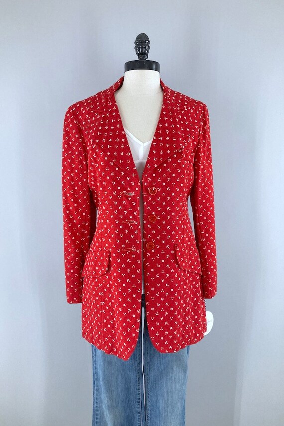 Vintage Blazer Jacket, Red White Anchors Print, Nauti… Gem