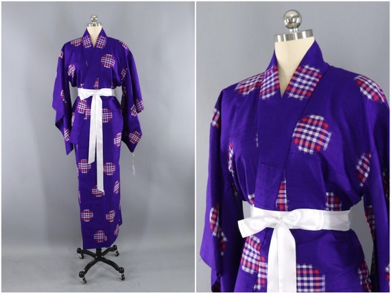 Vintage Silk Kimono Robe, Purple Red Gingham Dots