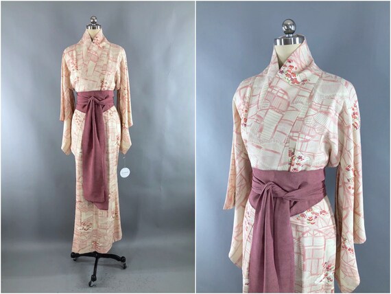 Vintage Kimono Robe, Ivory & Pink Windows Novelty