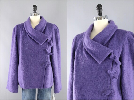 Vintage Purple Jacket, Asymmetrical, Faux Mohair,… - image 1