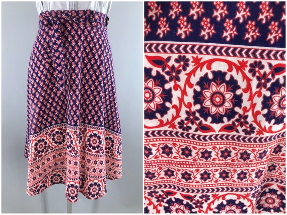 Vintage Wrap Skirt, Red White Blue Paisley, India… - image 1