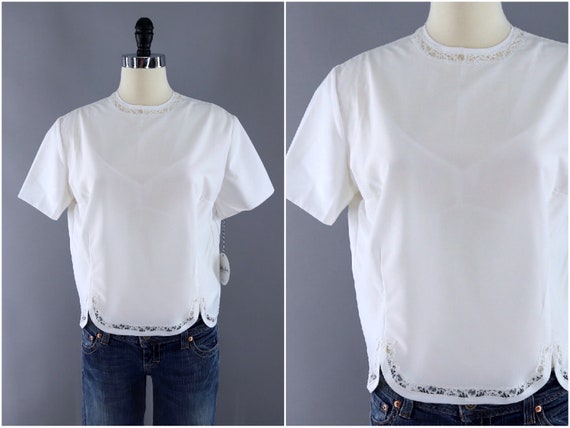 White Summer Blouse, 1960s, Preppy Style, Lace Tri