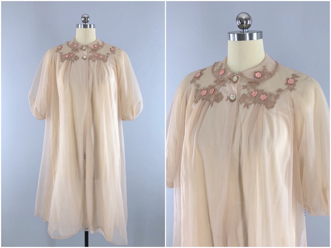 Vintage Chiffon Robe Tan Beige Nude Lace Flowers Embroidery | Etsy