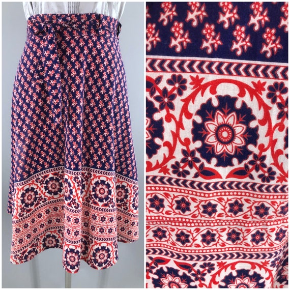 Vintage Wrap Skirt, Red White Blue Paisley, India… - image 6