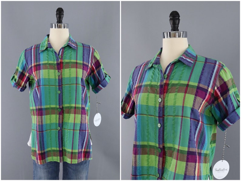 Vintage 1980s Madras Plaid Top Green Seersucker Cotton Preppy Summer Blouse