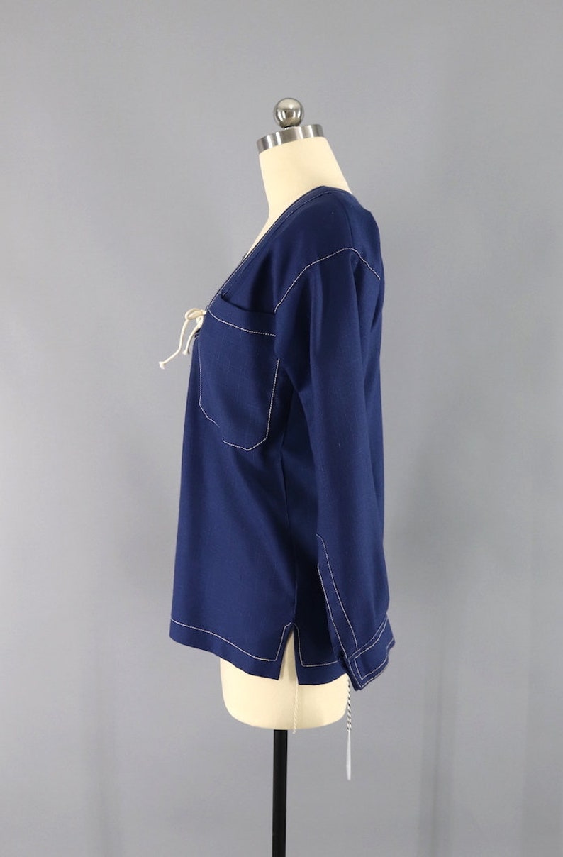Nautical Preppy 1970s Navy Blue Tunic Oscar de la Renta Vintage Sailor Shirt