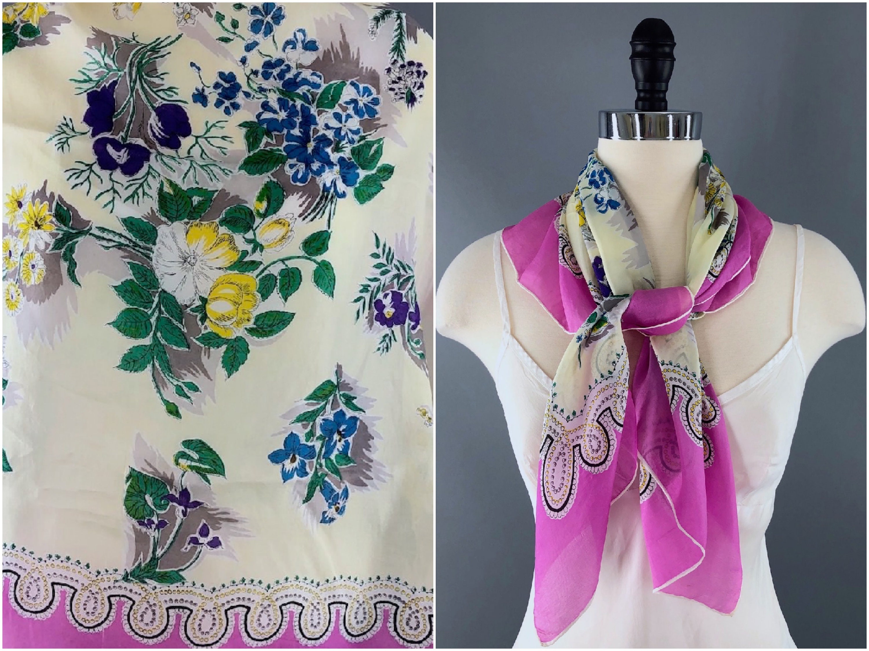 Vintage Silk Scarf 1950s 1960s Orchid Pink Floral Hair Tie | Etsy