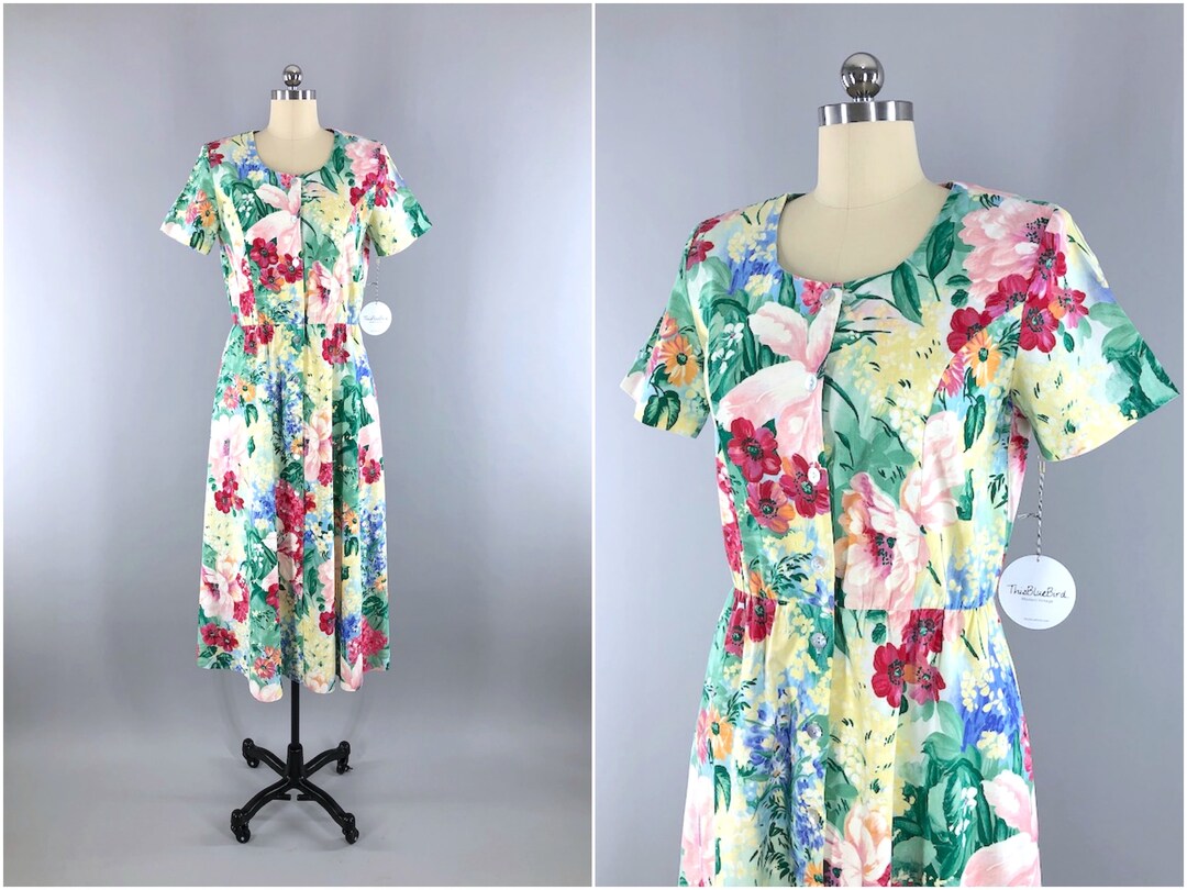 Vintage Dress Yellow Green Floral Print Preppy Style 1980s - Etsy
