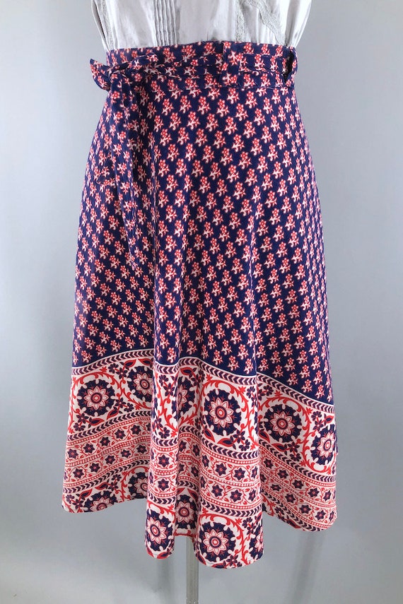 Vintage Wrap Skirt, Red White Blue Paisley, India… - image 3