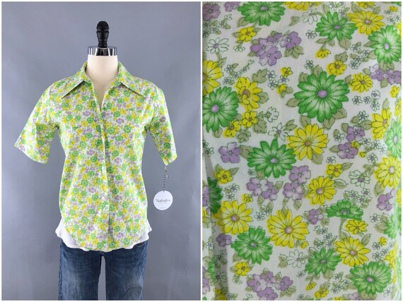 Vintage Shirt, Green Yellow Floral Print Cotton Sa