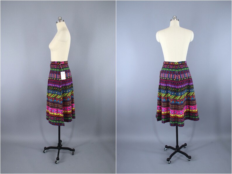 Neon Pink Vintage Skirt 1960s Novelty Print Boho Hippie Midi Mid Length Festival Style Black Floral