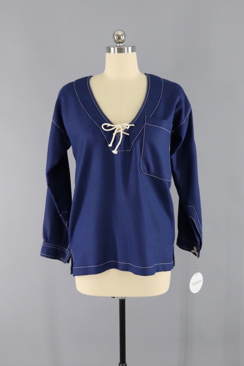 Nautical Preppy 1970s Navy Blue Tunic Oscar de la Renta Vintage Sailor Shirt