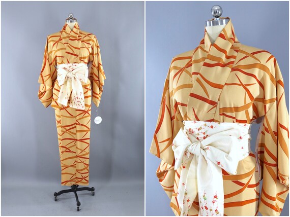 Vintage Silk Kimono Robe, Ivory Orange Tiger Strip