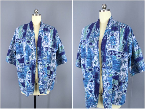 Vintage Kimono Cardigan, Hawaiian Print, Polynesia