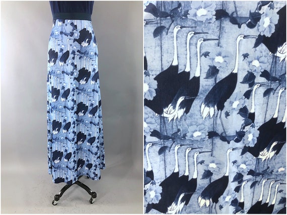 Vintage Maxi Skirt, Blue Sandhill Cranes Novelty P