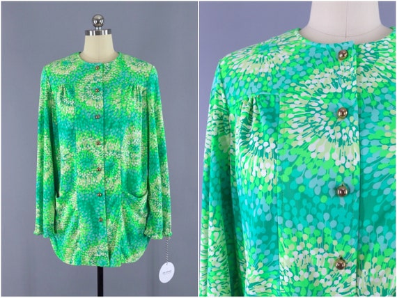 Vintage Cardigan, Swim Coverup Shirt, Green Novelt