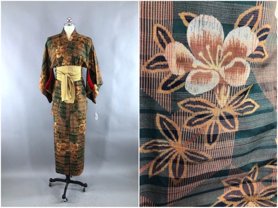 Vintage Kimono Robe, Green Brown Ikat Floral, Summ
