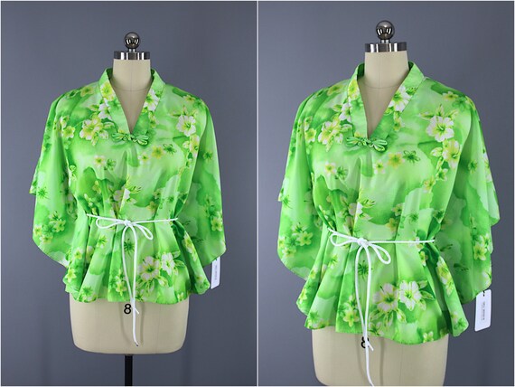 Vintage Blouse, Hawaiian Floral Print Tunic, Neon