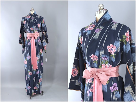 Vintage Kimono Robe, Blue & Pink Peony Floral Rayo