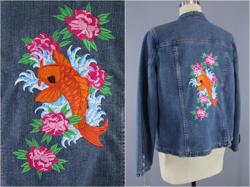 Embroidered Denim Jean Jacket Koi Fish Pink Lotus Floral Etsy