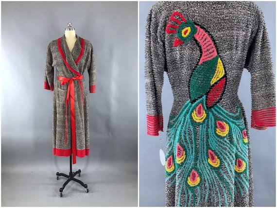 Vintage Chenille Peacock Robe, Black and Red, 1950