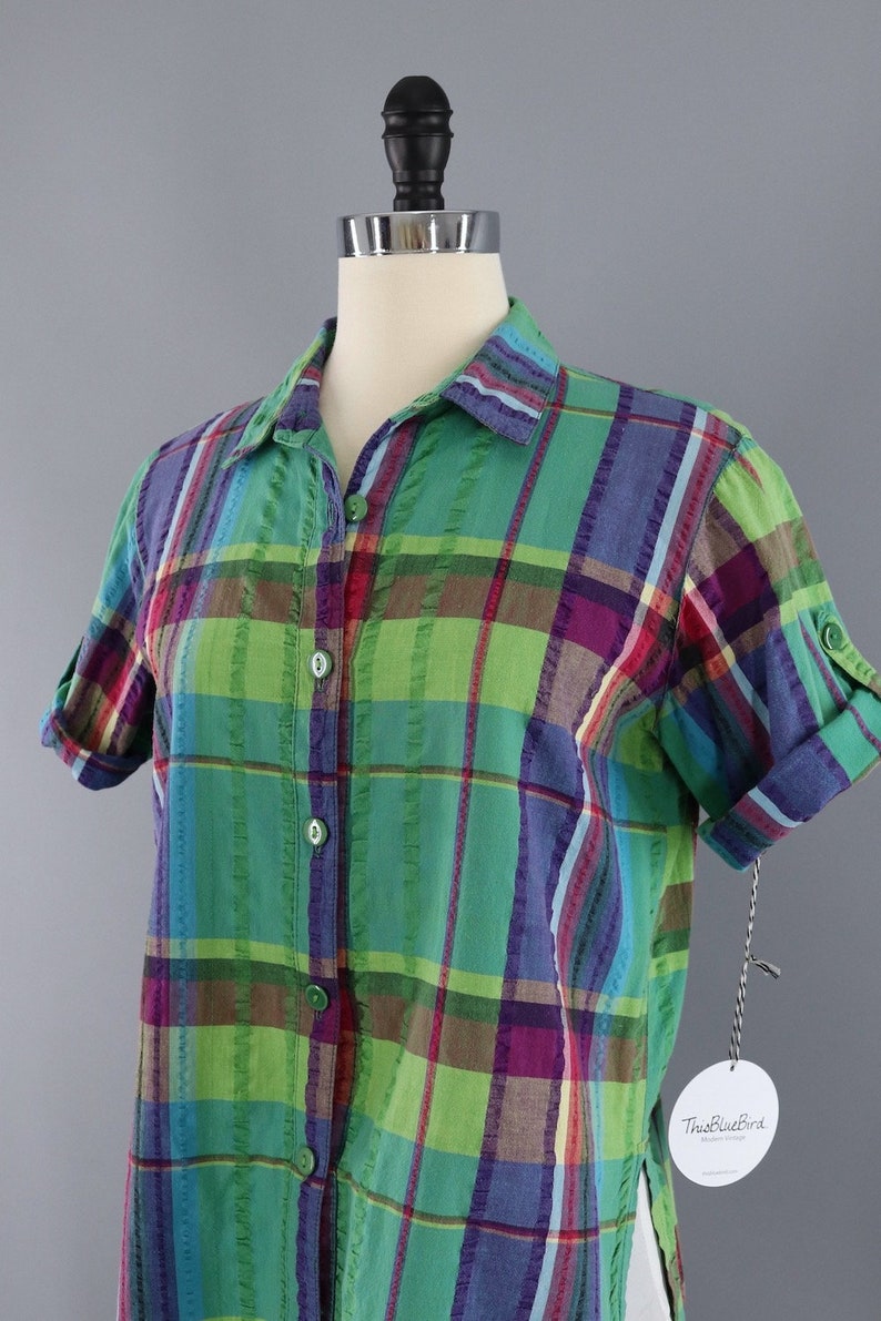 Vintage 1980s Madras Plaid Top Green Seersucker Cotton Preppy Summer Blouse