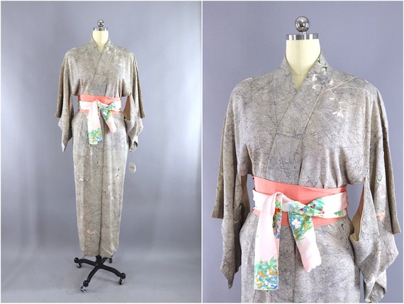 Vintage Kimono, Grey Marble Print, Silk Robe, Art